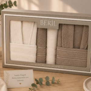 Set cadou premium halate și prosoape din bumbac 100% – 2 halate unisex + 4 prosoape, cutie elegantă cu mâner-SHB-2