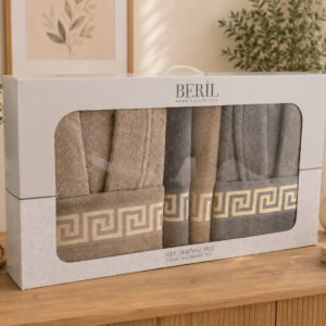 Set cadou premium halate și prosoape din bumbac 100% – 2 halate unisex + 4 prosoape, cutie elegantă cu mâner-SHB-7