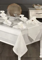 Fata De Masa Colber Jaquard Damasc Deluxe Alba150×360 cm 26 piese