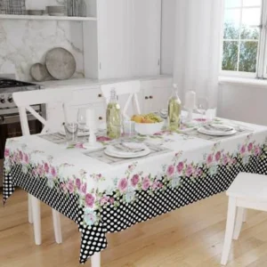 Față de Masă Digital Jacquard cu Buline și Trandafiri Roz 150x220 cm – Model Floral Elegant, 100% Poliester