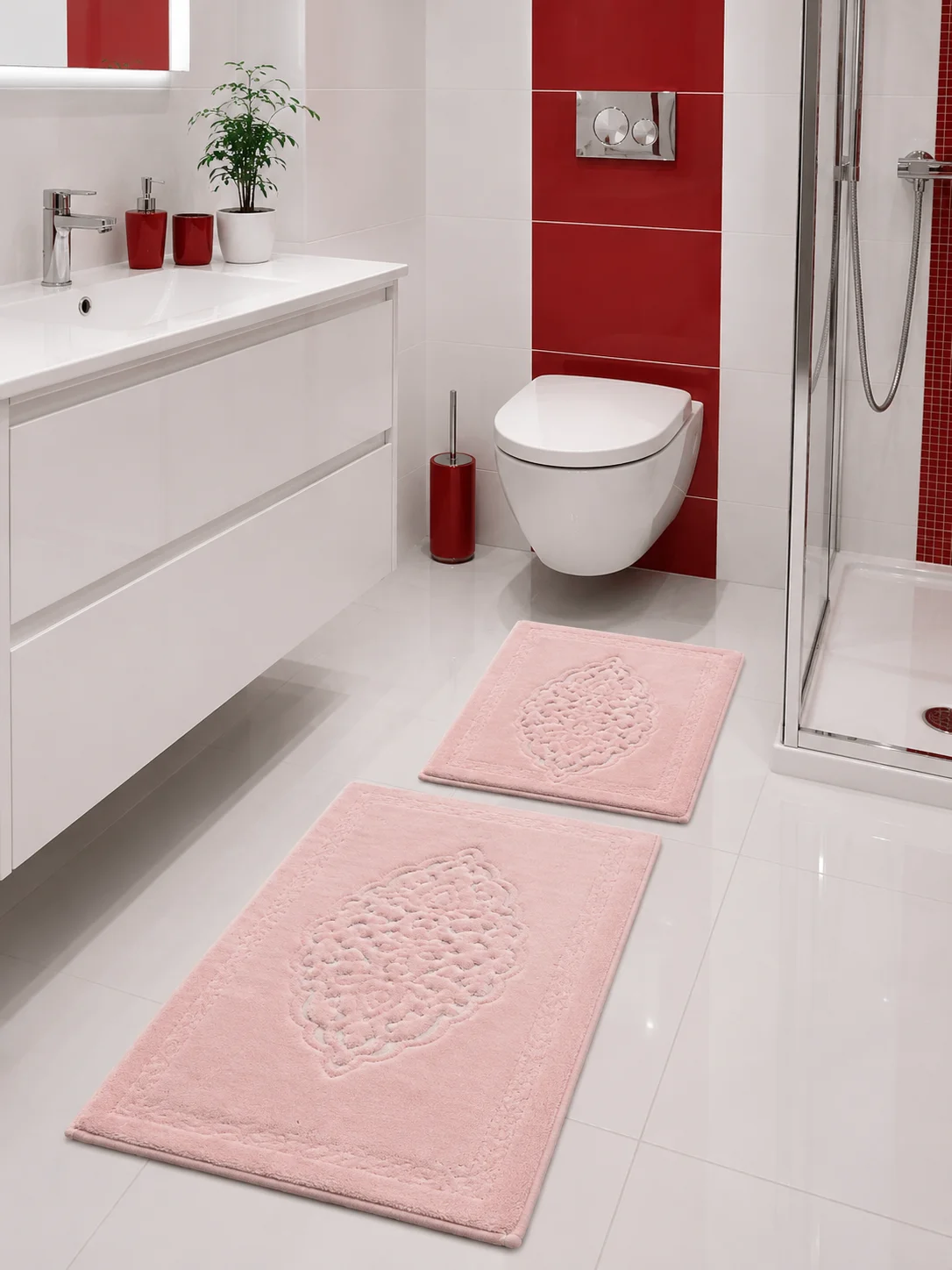 set-covorase-baie-100-bumbac-arabesc-roz-pudra-tropik-design-elegant Set Covorașe Baie 100% Bumbac Arabesc Roz Pudra Tropik – Design Elegant