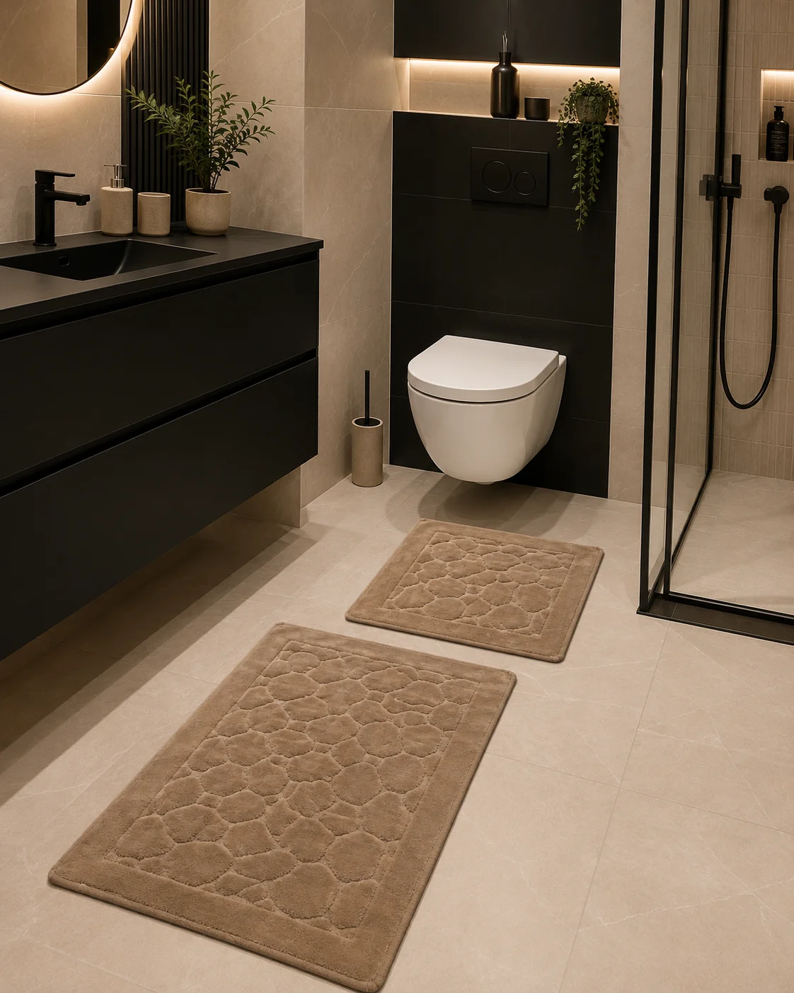 set-covorase-baie-100-bumbac-pietre-cappucino-tropik-design-elegant Set Covorase de Baie 100% Bumbac Pietre Cappuccino Tropik, Mici și Mari, Antiderapante