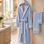 Set Halat baie NB Bleu Premium L/XL brodat cu 2 prosoape 50×90 cm si 70×140 cm