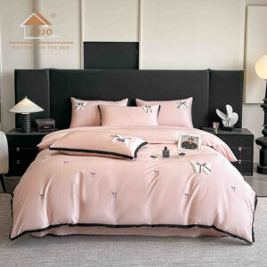 Lenjerie De Pat cu broderie Bumbac Satinat 100% Deluxe Antisifonare,Roz Pudra -Ambalaj Cadou Elegant