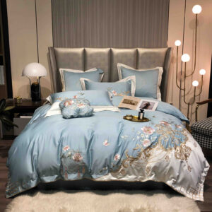 Lenjerie De Pat cu broderie Bumbac Satinat 100% Deluxe Antisifonare,Gri-Ambalaj Cadou Elegant