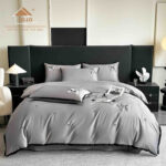 Lenjerie De Pat cu broderie Bumbac Satinat 100% Deluxe Antisifonare,Gri-Ambalaj Cadou Elegant