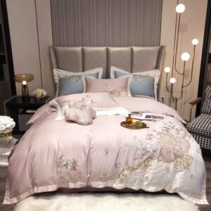 Lenjerie De Pat cu broderie Bumbac Satinat 100% Deluxe Antisifonare,Roz-Ambalaj Cadou Elegant