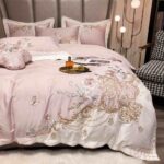 Lenjerie De Pat cu broderie Bumbac Satinat 100% Deluxe Antisifonare,Roz-Ambalaj Cadou Elegant - imagine 2