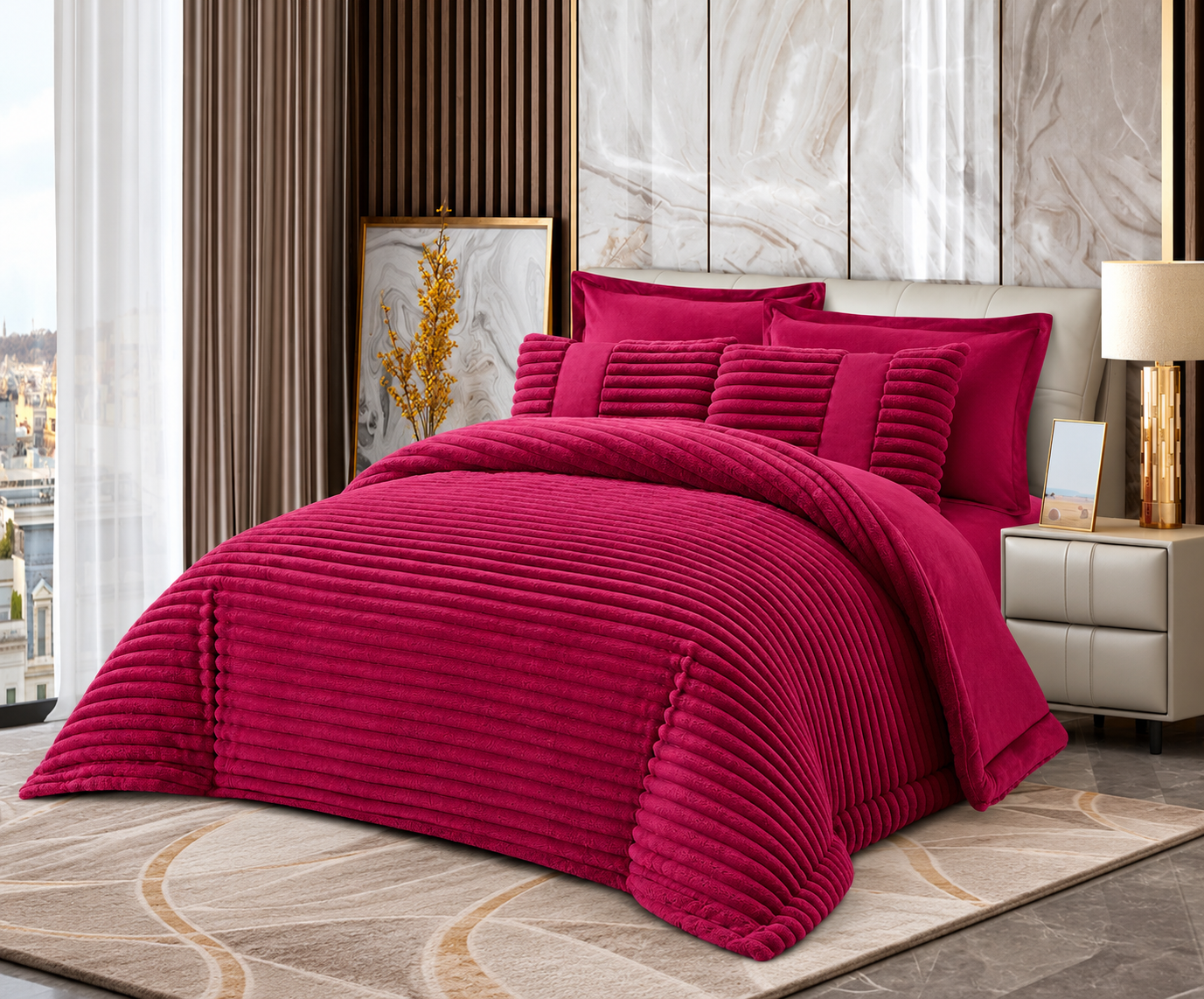 Set Lenjerie de Pat cu Blăniță Moale și Pilotă 6 Piese 200x230 cm-Burgundy (1) Set Lenjerie de Pat cu Blăniță Moale și Pilotă 6 Piese 200x230 cm-Burgundy